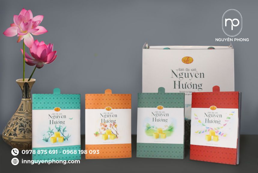 in hộp bánh đậu xanh đa dạng màu sắc và kiểu dáng